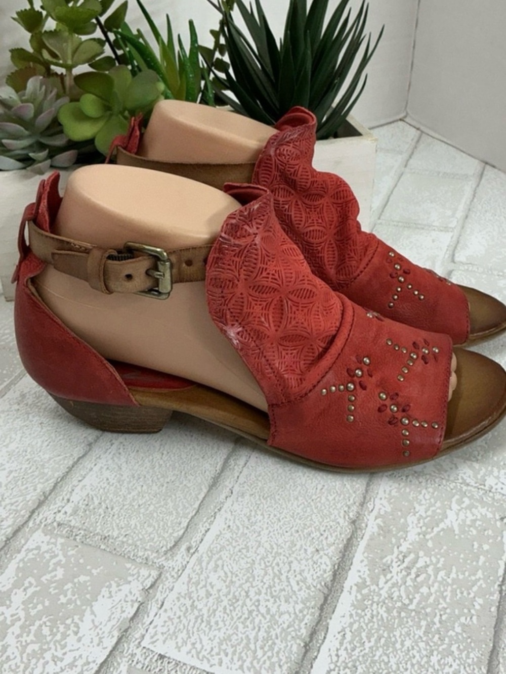 Miz Mooz Red Open-Toe Cutout Ankle Sandals with Stud Accents